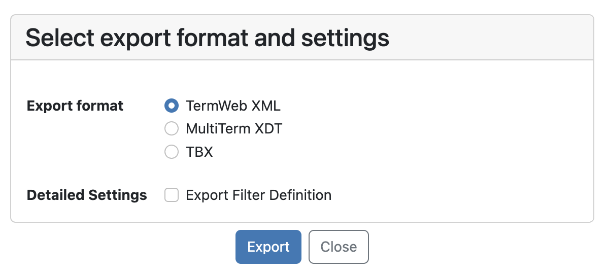 Export dictionary definition dialog