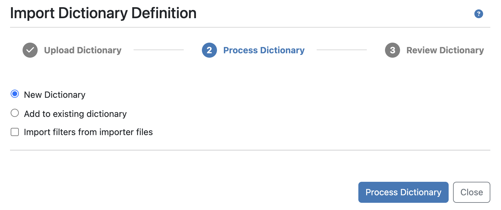 Import dictionary definition dialog