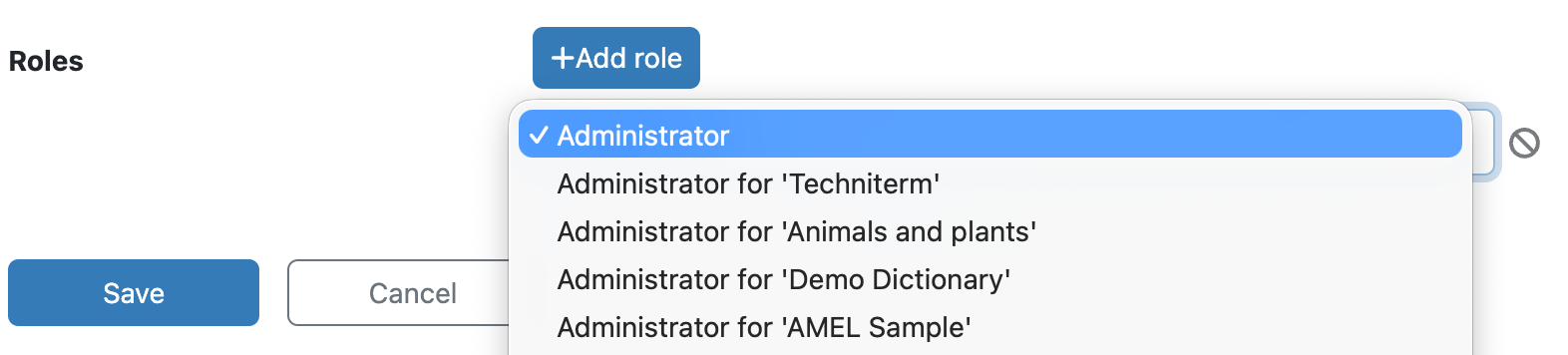 user role dictionary admin